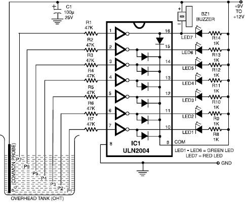 ULN2004 water level indicator circuit design electronic project