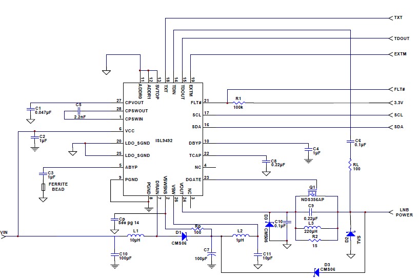 LNB power supply electronic circuit using ISL9492 ic