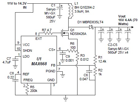 MAX668 16V 4.4A switching power supply circuit design electronic project
