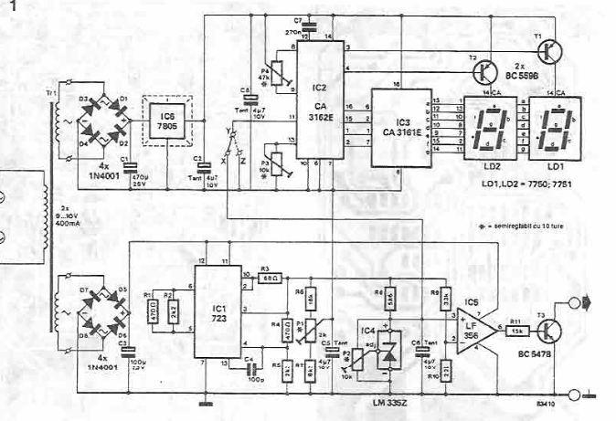 Electronic thermometer using lm723 and common electronic parts