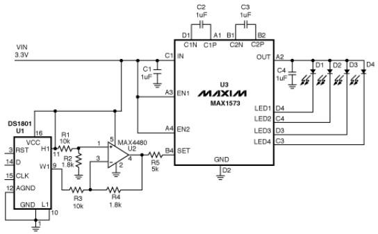 MAX1573 white led driver electronic project schematic