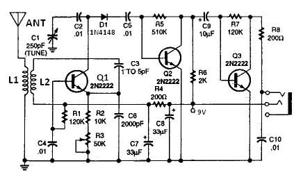 Shortwave radio receiver circuit with transistors