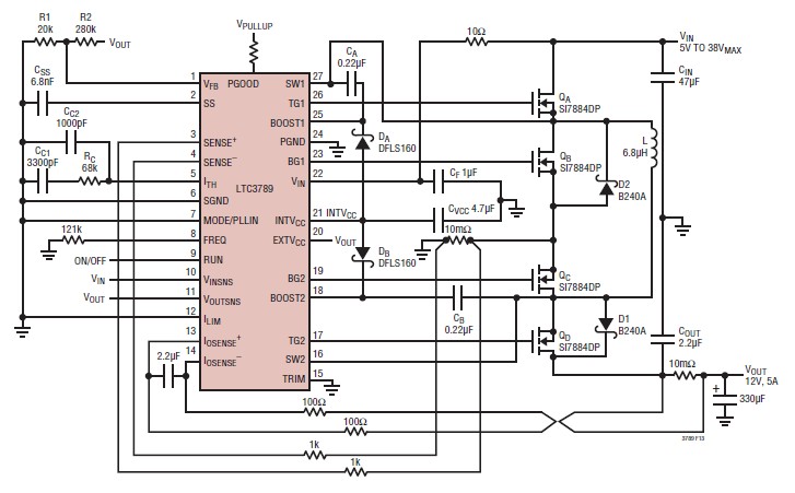 5A 12 volt switching power supply circuit design using LTC3789